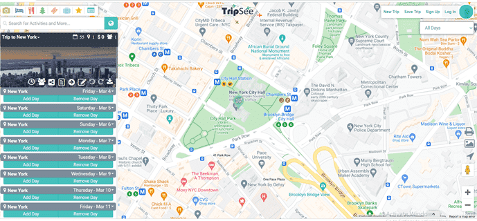 Vista previa del planificador de itinerario de viaje de TripSee.